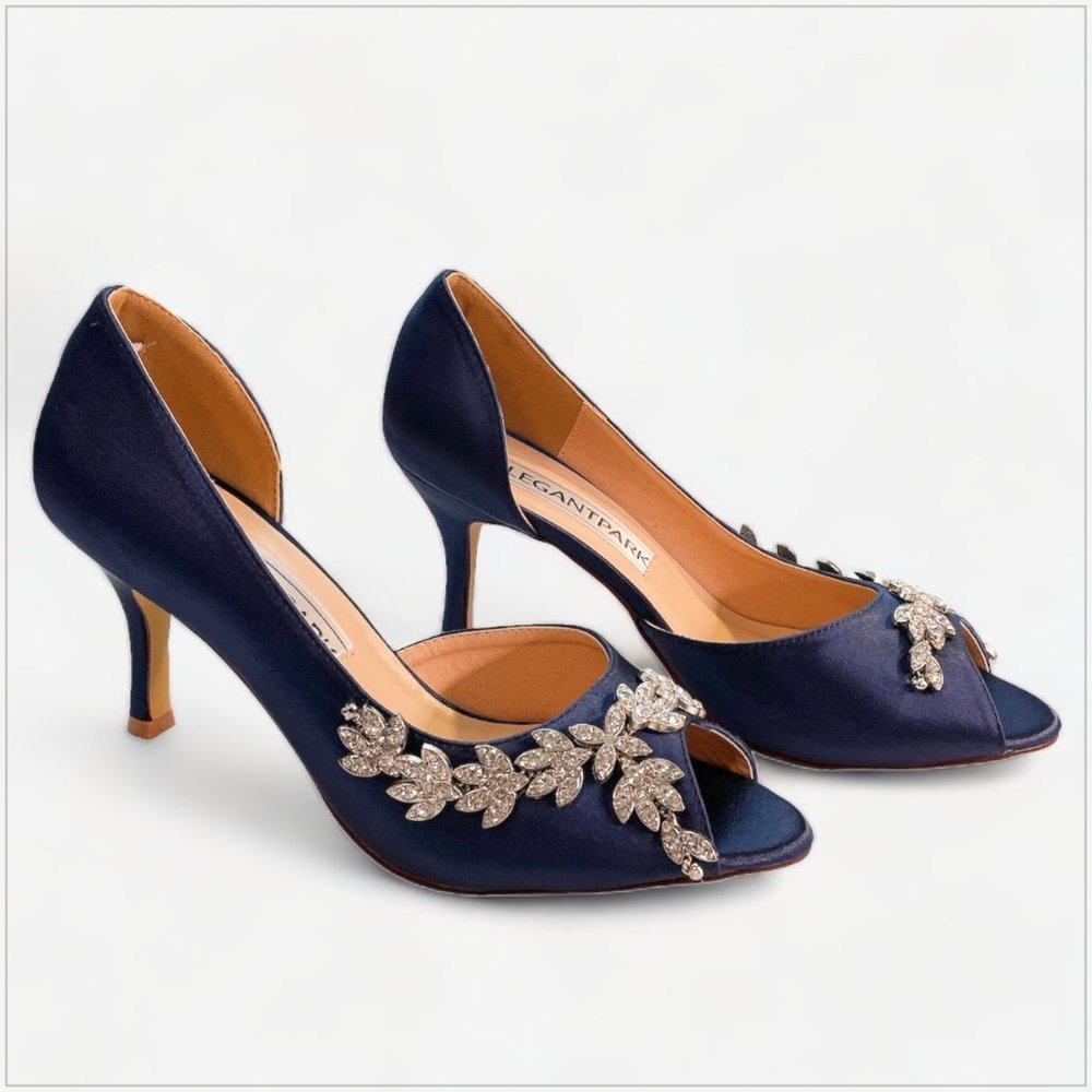 Navy Embellished Peep-Toe Heels. Size 8. - Picture 5 of 9